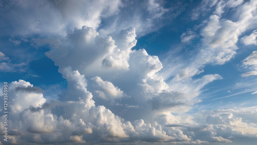 Poster dramatic cloud formations in a vibrant blue sky creating a serene and atmospheric landscape ideal fo
