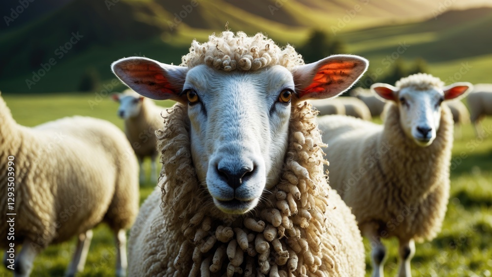Poster sheep grazing peacefully in a lush green meadow with a soft focus on the foreground, showcasing the 