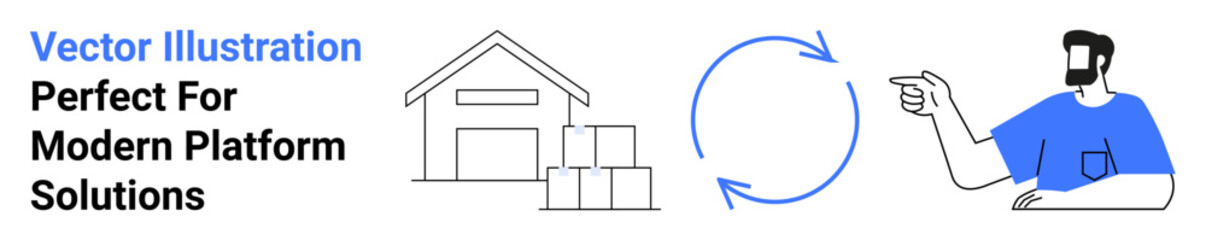 Warehouse with boxes, circular arrows indicating process flow, person pointing to cycle. Ideal for logistics, supply chain, warehouse management, shipping, process optimization, e-commerce flat