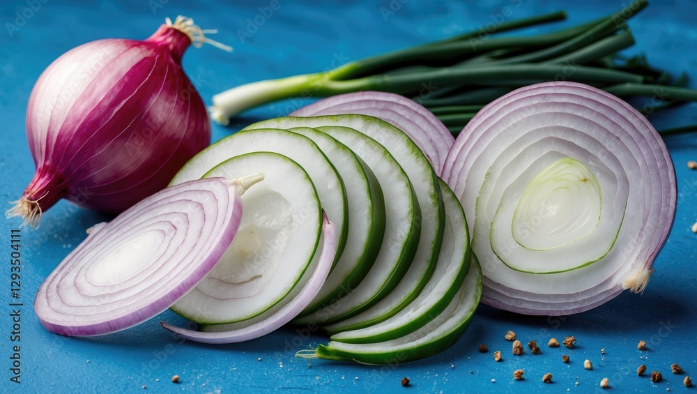 Poster sliced red onions and green scallions arranged on a vibrant blue background showcasing fresh ingredi