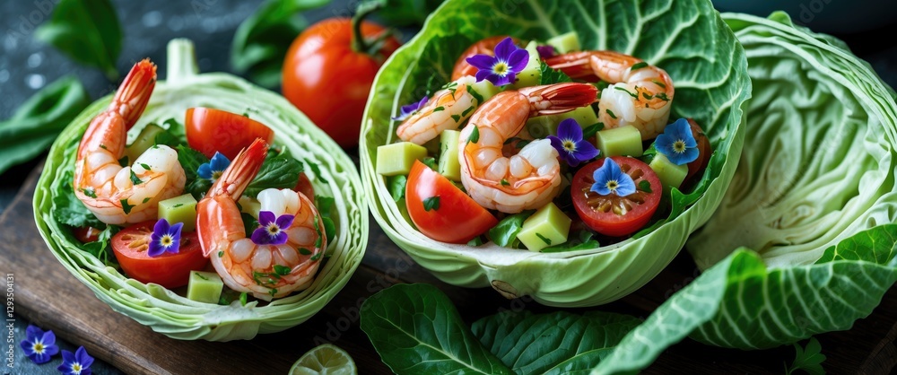 Aufkleber Exotic Shrimp Salad In Cabbage Cups With Tomatoes And Edible Flowers Perfect For Summer Gatherings With Space For Text
