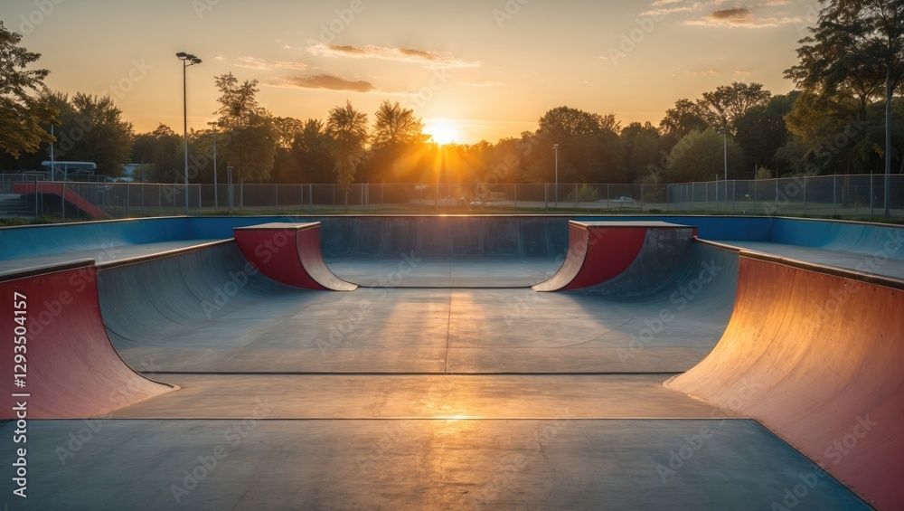 Aufkleber skatepark at sunrise with empty bowl areas and natural light for creative text insertion