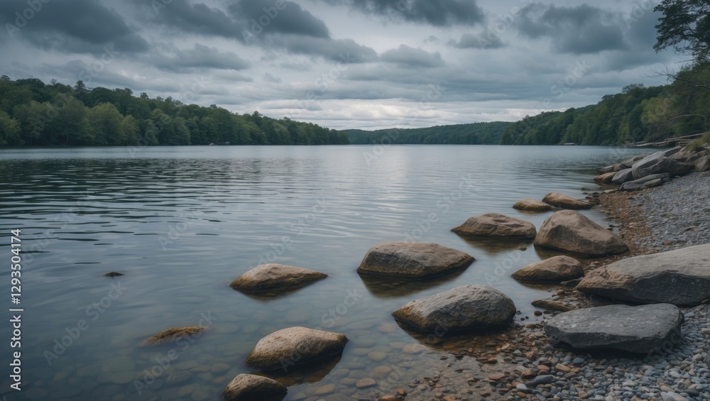 Poster serene lake shoreline with rocks under cloudy skies reflecting calm waters and lush greenery ideal f