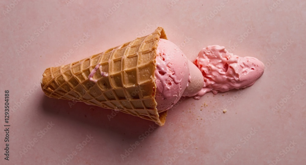 Poster Single ice cream cone with strawberry ice cream top view on pastel background with empty space for text or branding purposes.