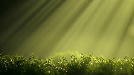 Obraz premium Serene Nature Photograph of Lush Green Landscape with Vibrant Plants, Soft Sunlight, and Tranquil Atmosphere