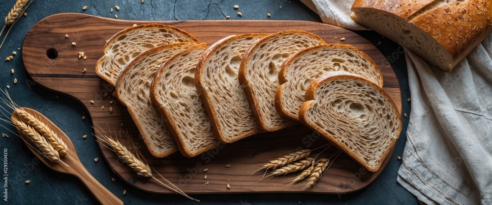 Aufkleber Sliced Wheat Bread Displayed on Wooden Cutting Board with Wheat Ears and Napkin in Rustic Setting Flat Lay Perspective
