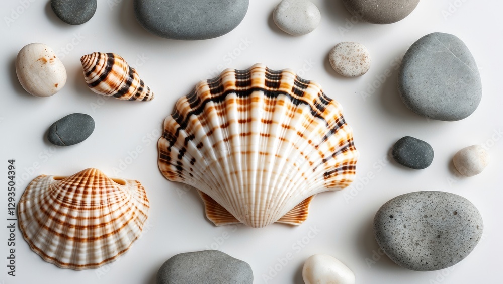 Poster colorful seashells and smooth pebbles composition on white background showcasing natural textures an