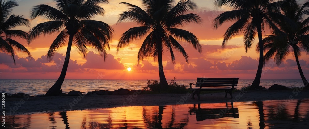 Aufkleber Serene sunset over the ocean with palm tree silhouettes and a bench reflecting in calm water creating a tranquil beach atmosphere.