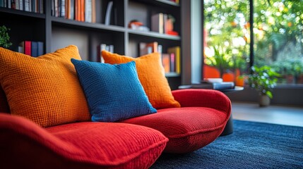 A red couch with blue and orange pillows adds warmth to the cozy space