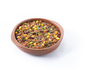 Traditional Mexican Chili con carne. Minced meat and vegetables stew in tomato sauce isolated on white background. Copy space