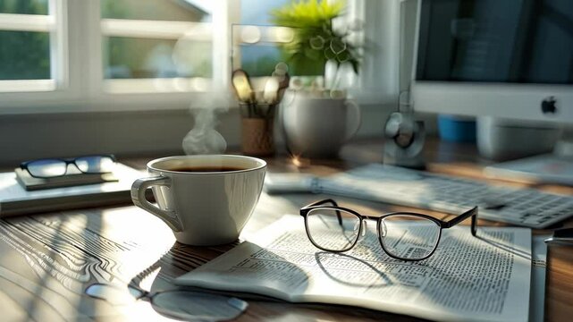 Enjoy a peaceful morning moment with a steaming cup of coffee next to a newspaper and reading glasses on a wooden table