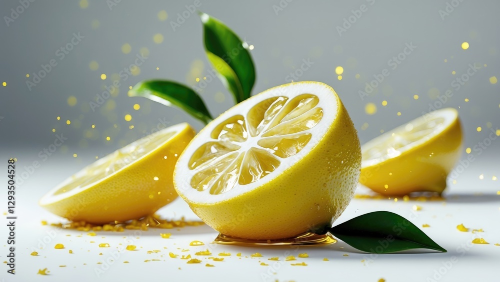 Poster fresh lemon slices with green leaves on a bright background ideal for culinary or beverage related i