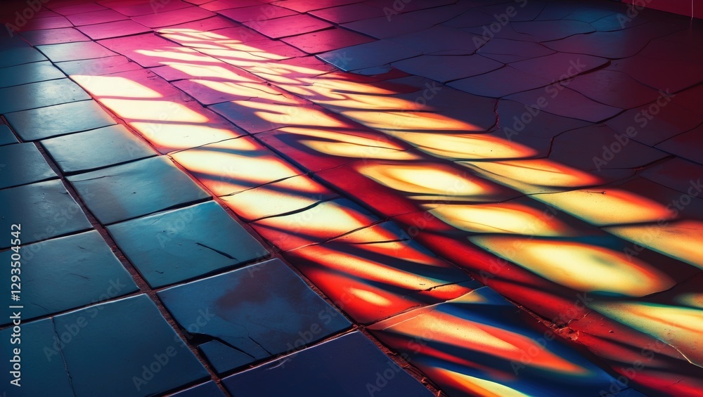 Poster Vibrant shadows created by colored light on a textured tile floor in an artistic and abstract composition