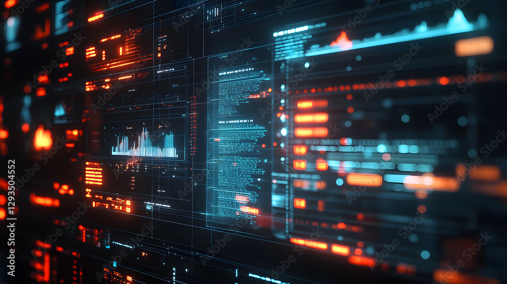 Poster interactive fintech dashboard visualization digital workspace data insights high-tech environment cl