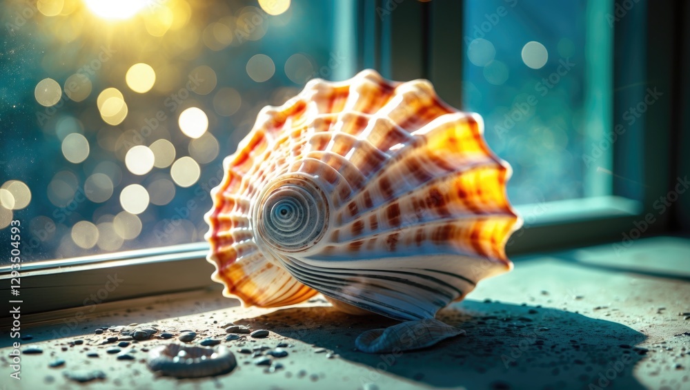 Aufkleber Seashell Resting on Sunlit Window Sill Surrounded by Bokeh with Room for Text or Graphics in a Warm Coastal Vibe