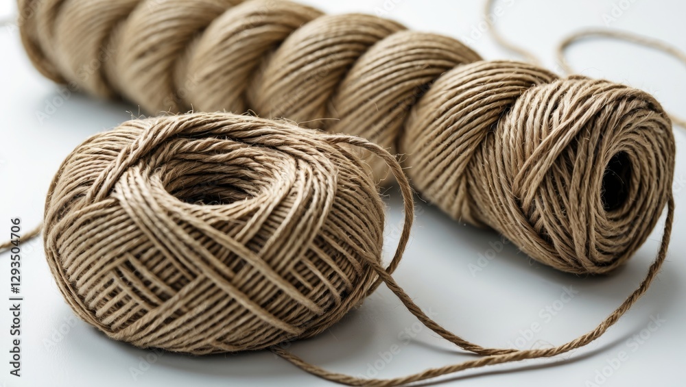 Aufkleber Natural jute twine skeins and balls arranged on a white surface for crafting and DIY projects.