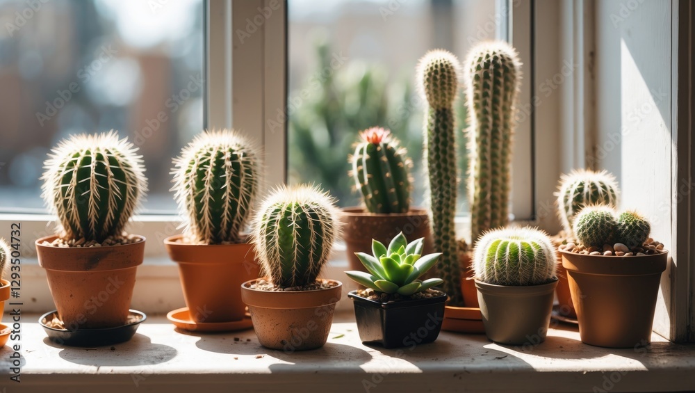 Poster sunlit cacti and succulents arranged in pots on windowsill creating a lively indoor greenery scene