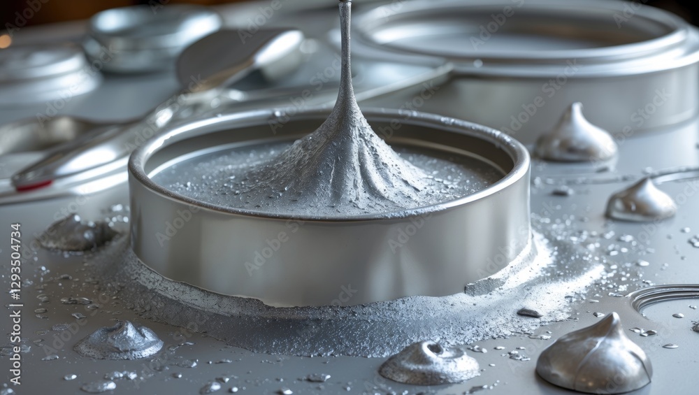 Aufkleber Shiny metallic paint in a tin container showcasing silver pigment texture and fluidity in artistic workspace environment