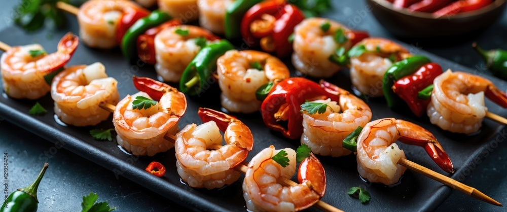 Aufkleber shrimp kebabs grilled with fresh chili peppers on a platter featuring empty space for culinary text 