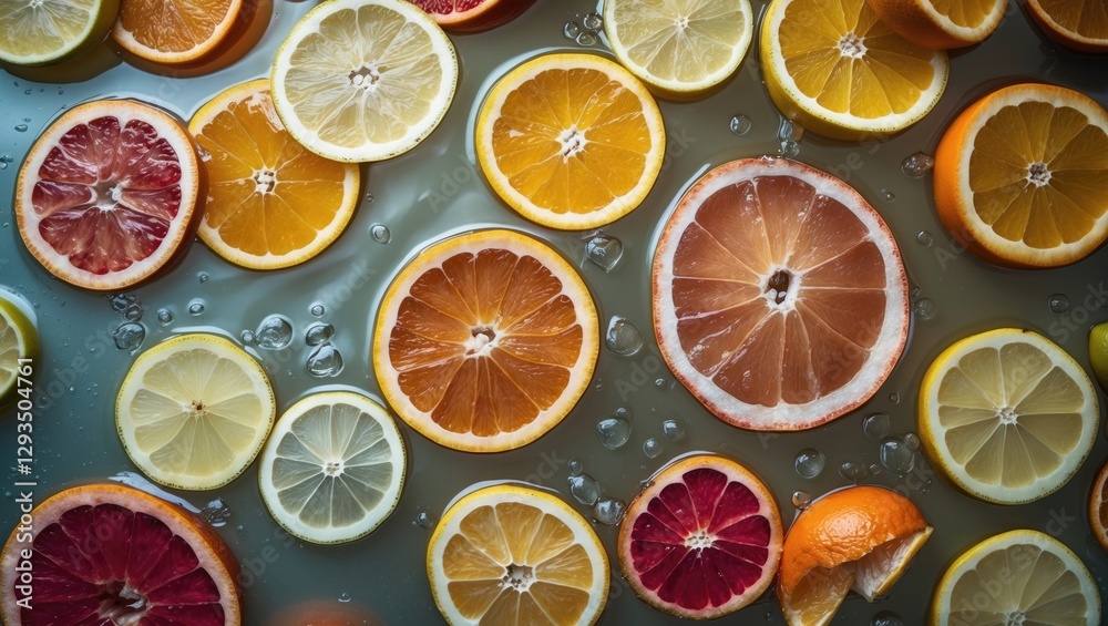 Poster Citrus Fruit Slices Floating in Water with Bubbles Including Lemon Orange and Grapefruit Ideal for Refreshing and Aesthetic Themes