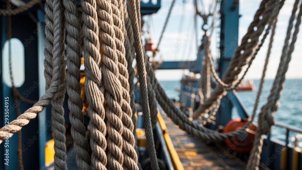 Poster textured ropes on a ship deck with tranquil sea view, providing ample space for text overlay and mar
