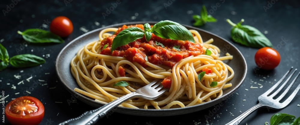 Poster pasta with tomato sauce and basil leaf on plate with forks and cherry tomatoes on dark background