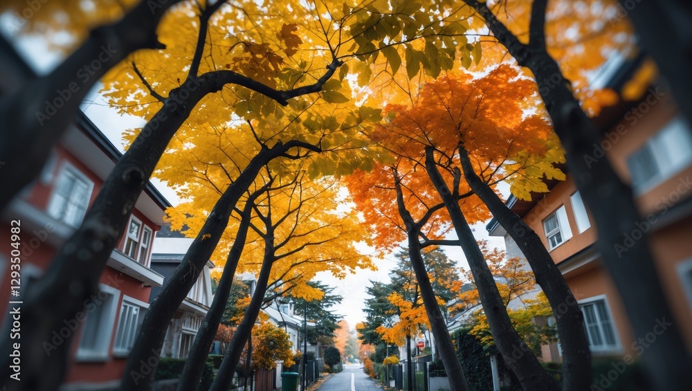 Poster autumn street scene framed by colorful yellow and orange leaves of trees arching over, creating a vi