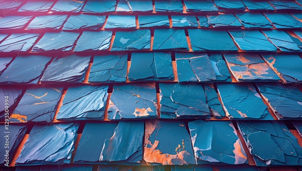 Poster textured slate roof tiles arranged horizontally showcasing vibrant blue and rustic highlights in a w