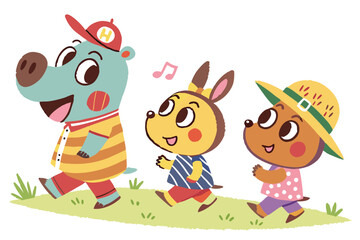 Naklejka premium 76 Colorful cartoon animal characters, childlike drawings, playful poses, diverse animal types, simple shapes, bright colors, hand-drawn style, whimsical outfits, cheerful expressions, anthropomorphic