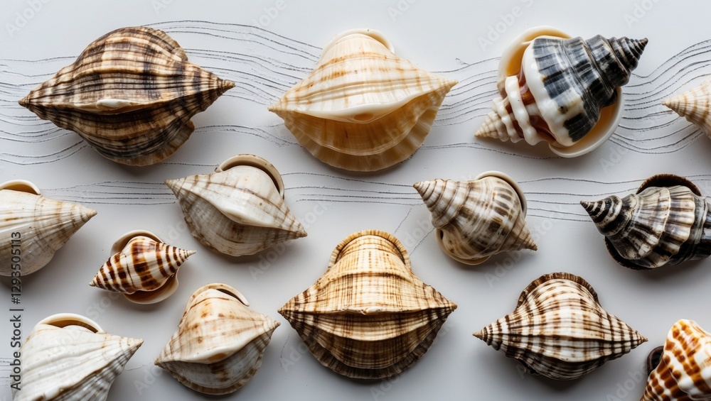 Aufkleber Assorted Vintage Cockleshells Displayed on a White Surface with Elegant Wave Patterns.