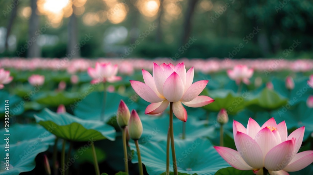 Poster serene pink lotus flowers in a lush garden with soft focus and a tranquil blurred background during 