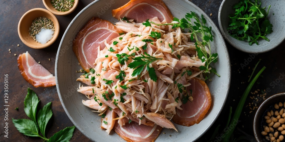 Aufkleber Shredded Fish and Pork Skin Salad with Fresh Herbs in a Bowl on a Rustic Table with Empty Space for Text