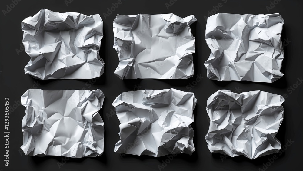 Aufkleber Crumpled paper sheets mockup set on black background showcasing versatile templates with rounded edges for creative design projects.
