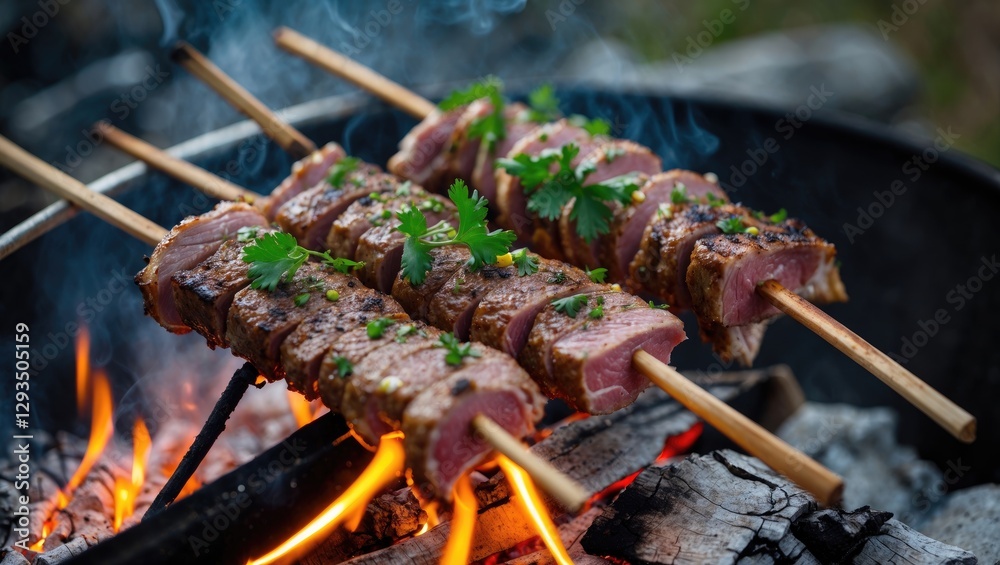 Poster Lamb Shashlik Grilling Over Open Fire with Fresh Herbs and Blank Space for Text in a Rustic Outdoor Setting