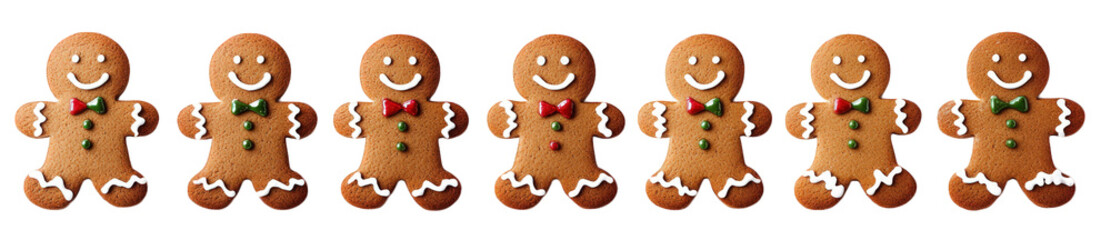 row of seven cheerful gingerbread men cookies. each decorated with colorful icing. small candies. and distinct bow ties. showcasing a festive and playful holiday theme