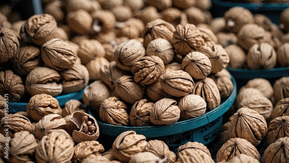 Poster Natural walnuts in their shells displayed in a market setting highlighting texture and abundance in Istanbul, known as Ceviz in Turkish.