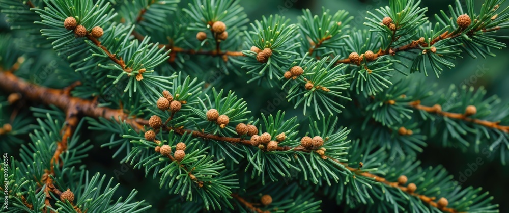 Poster spruce tree branch with small brown bumps showcasing texture and green foliage in a natural outdoor 