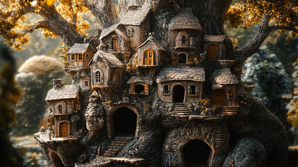 Enchanted treetop village fantasy houses autumn setting art wood cozy home fall stone brown rustic