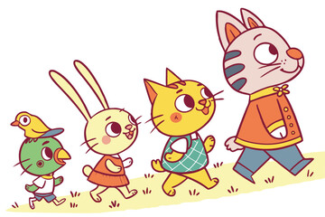 76 Colorful cartoon animal characters, childlike drawings, playful poses, diverse animal types, simple shapes, bright colors, hand-drawn style, whimsical outfits, cheerful expressions, anthropomorphic