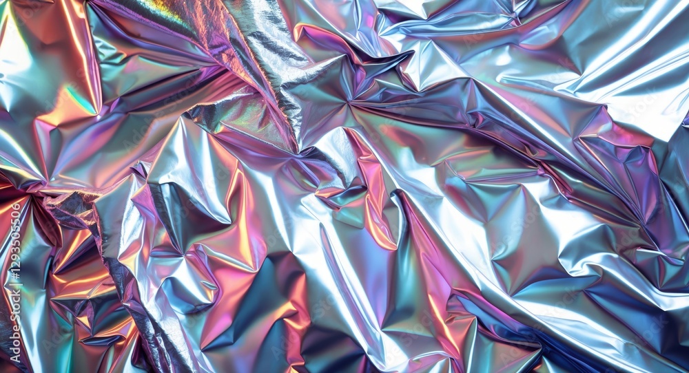 Poster Shiny crumpled silver foil texture background with iridescent colors for creative design and artistic projects