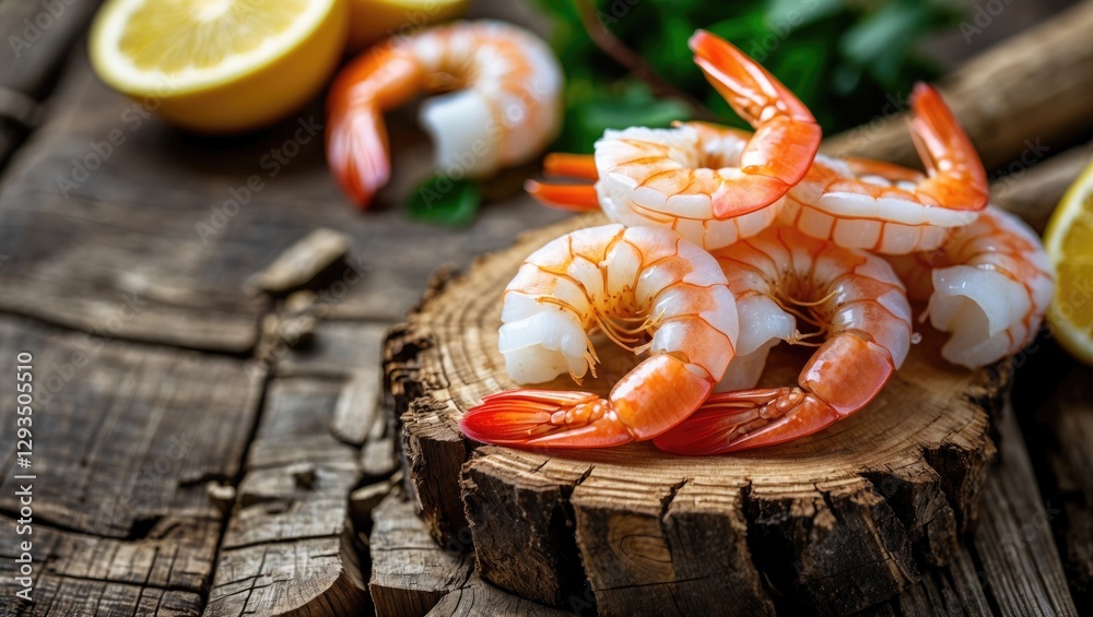 Aufkleber fresh shrimp on rustic wooden surface with lemon and green garnish ideal for culinary or seafood adv