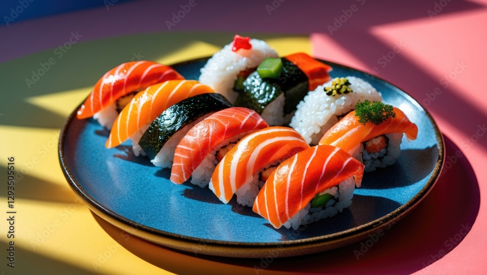Aufkleber Colorful Nigiri Sushi Assortment on Plate with Playful Background and Dynamic Lighting Creating Interesting Shadows.