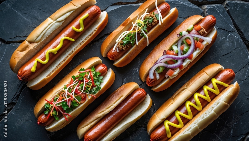Aufkleber assorted gourmet hot dogs with diverse toppings arranged on a dark stone background showcasing color