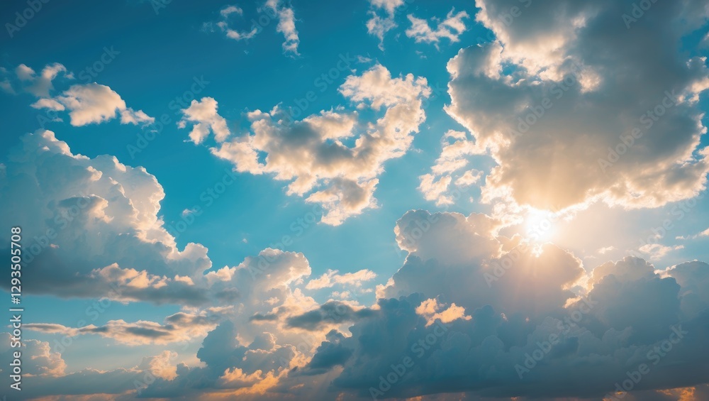 Poster bright morning sky with sunlight and fluffy clouds ideal for nature background or text overlay in a 