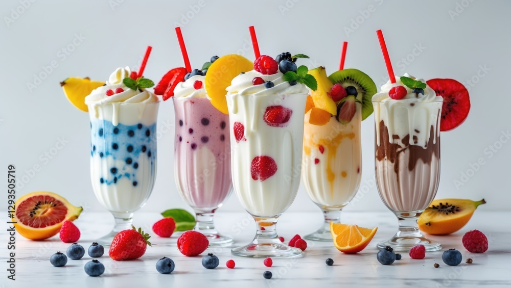 Poster assorted colorful milkshakes topped with whipped cream and fresh fruits served in tall glasses on a 