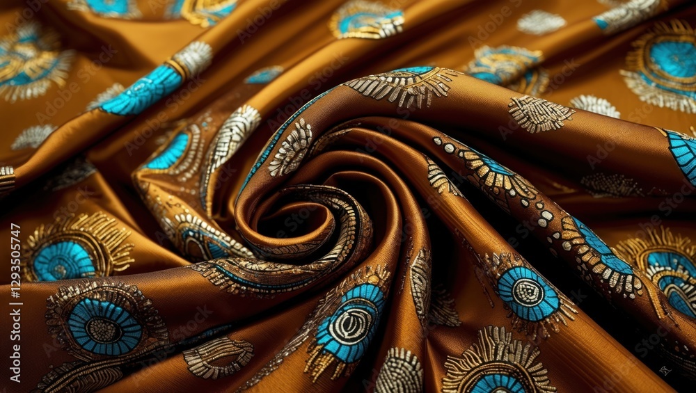 Poster elegant african style silk fabric with intricate brown and turquoise patterns suitable for designers