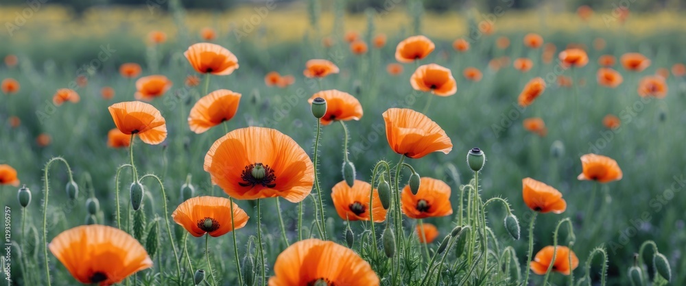 Poster vibrant wild poppy flowers blooming in a spring meadow with selective focus and space for text overh