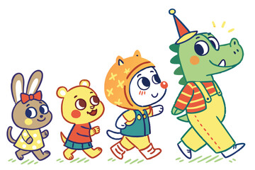 76 Colorful cartoon animal characters, childlike drawings, playful poses, diverse animal types, simple shapes, bright colors, hand-drawn style, whimsical outfits, cheerful expressions, anthropomorphic