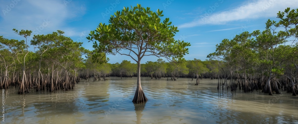 Poster solitary mangrove tree in lush forest reflecting on calm waters under clear blue sky with space for 