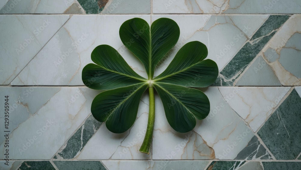 Poster shamrock leaf beautifully placed on a marble floor showcasing intricate patterns and natural eleganc